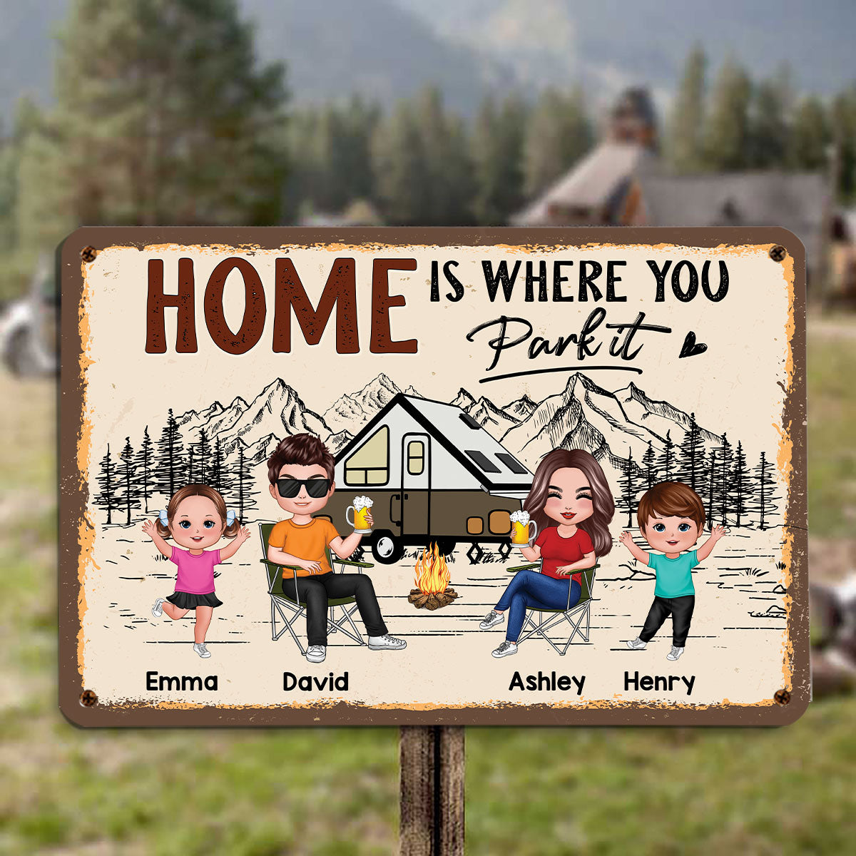 Outline Background Whole Family Doll Couple Dad Mom Kids Dogs Cats Camping Personalized Metal Sign