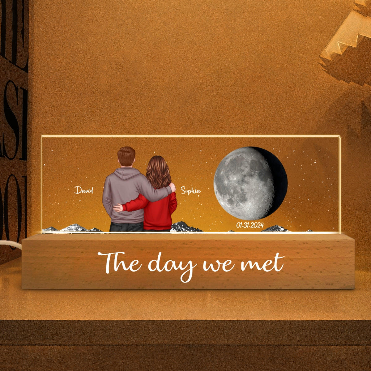 Back View Couple Custom Moon Phases The Day We Met Personalized Acrylic Block LED Night Light, Heartfelt Gift For Couple, For Him, For Her, Boyfriend, Girlfriend, Husband, Wife