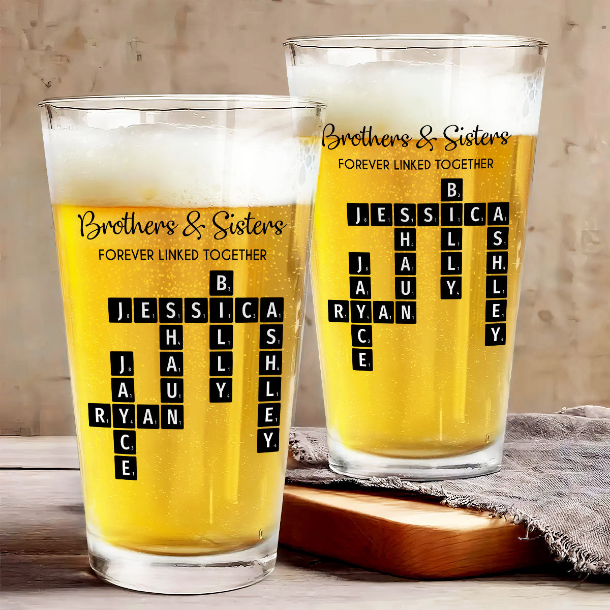 Brothers & Sisters Forever Linked Together Crossword Puzzle Art Personalized Beer Glass, Gift For Brothers, Sisters, Siblings, Family