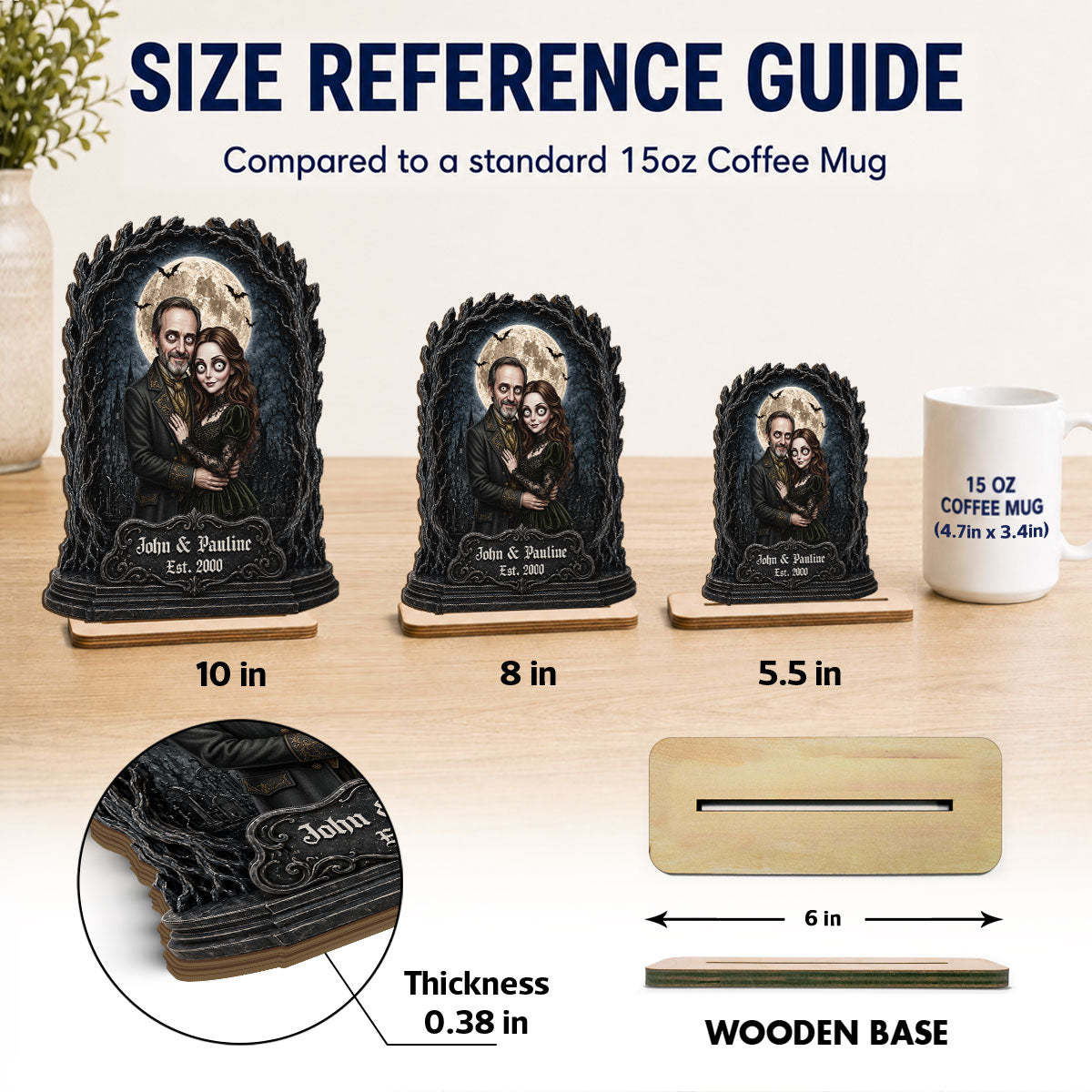 Halloween Custom Photo Illustration Gothic Couple - Personalized 2-Layered Wooden Plaque - Halloween Gift For Couple