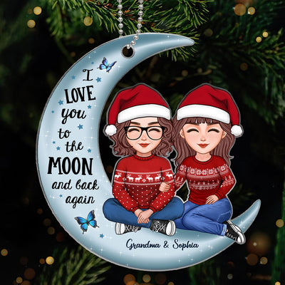 Cute Grandma & Teenage Grandkid Granddaughter Grandson On Moon Personalized Acrylic Ornament
