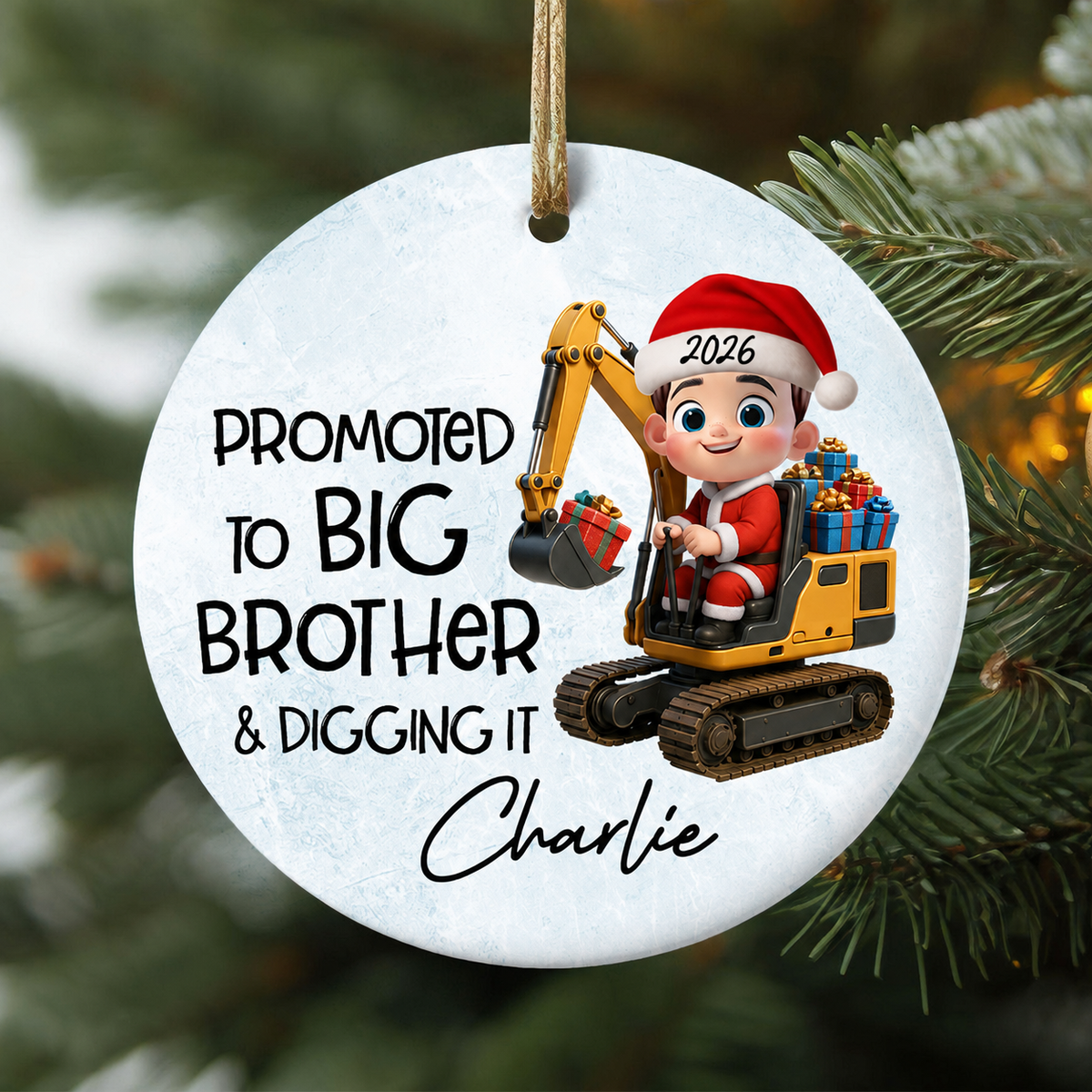 Promoted To Big Brother & Digging It Kid Driving Excavator - Personalized Ceramic Ornament - Proud New Big Brother Gift
