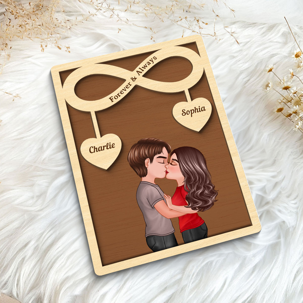 Couple Kissing Infinity Hearts Hanging Personalized 2-layer Wooden Plaque,  Gift For Him, For Her