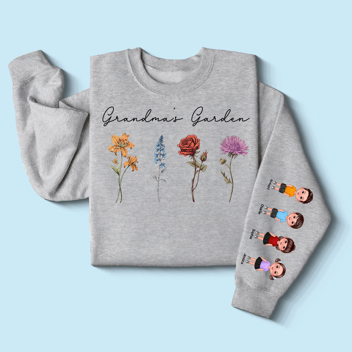 Grandma's Garden Kids On Sleeve, Custom Birthflower Sweatshirt, Gift for Grandma, Love Grows Here, Mom's Garden, Gift, Personalized Sleeve Printed Sweatshirt