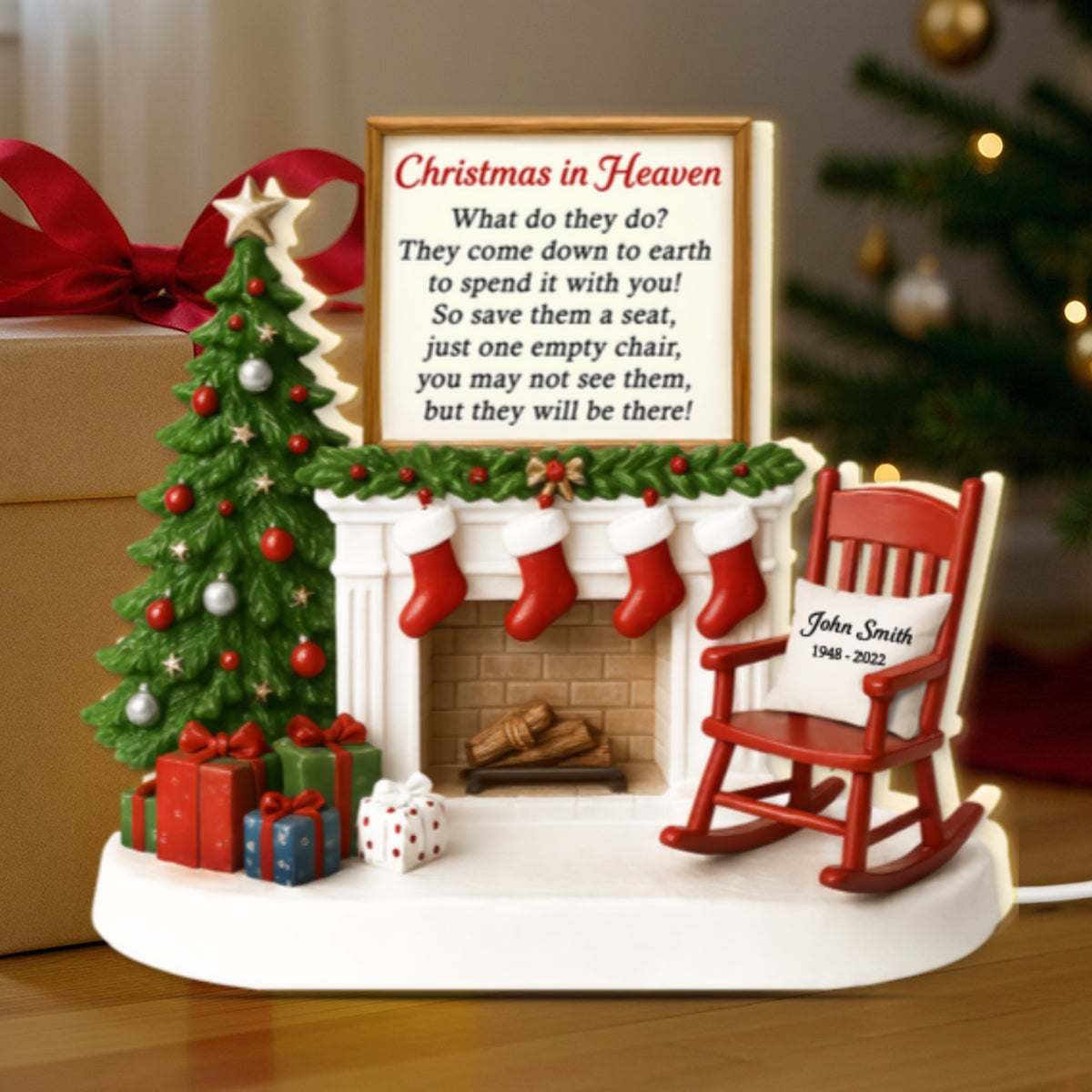 3D Effect Christmas In Heaven Chair At Fireplace - Personalized Light Box - Christmas Memorial Keepsake For Family