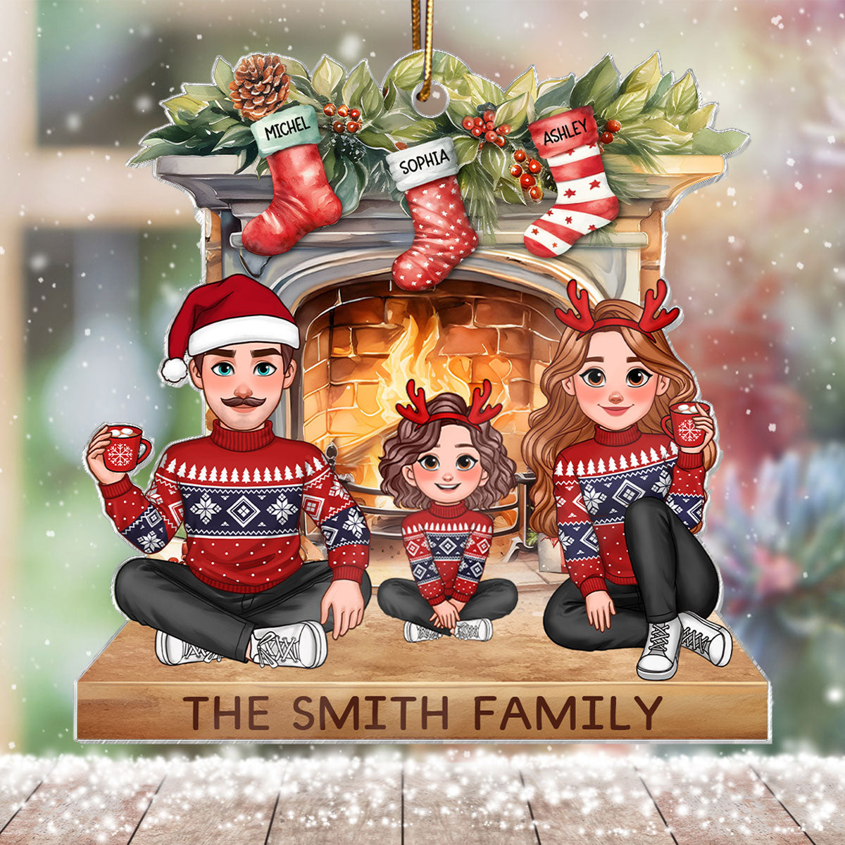 Animated Family Sitting At Christmas Fireplace Personalized Acrylic Ornament