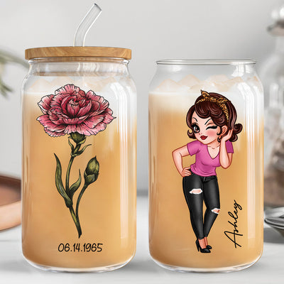 Vintage Birth Flower With Name & Birth Day Gift For Mom Grandma Pretty Woman Personalized Clear Glass Can