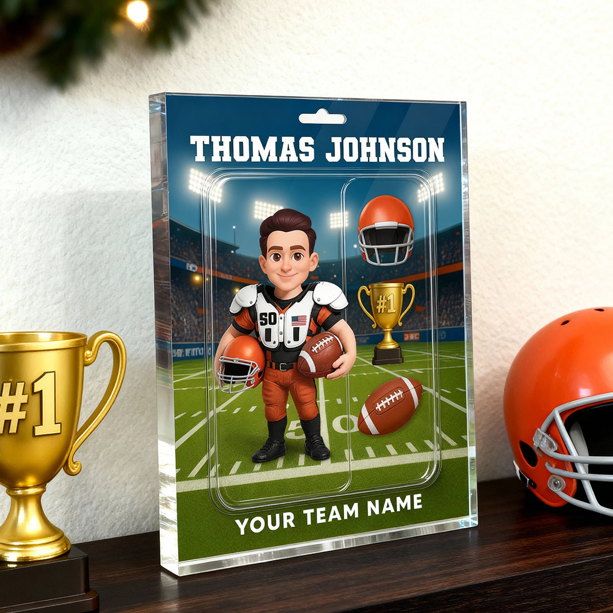 3D Effect Proud American Football Player Custom Figure Style - Personalized Acrylic Block Plaque - Christmas Gift For Soccer Players