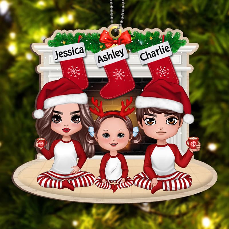 Pajamas Doll Family Sitting At Fireplace Personalized Wooden Ornament