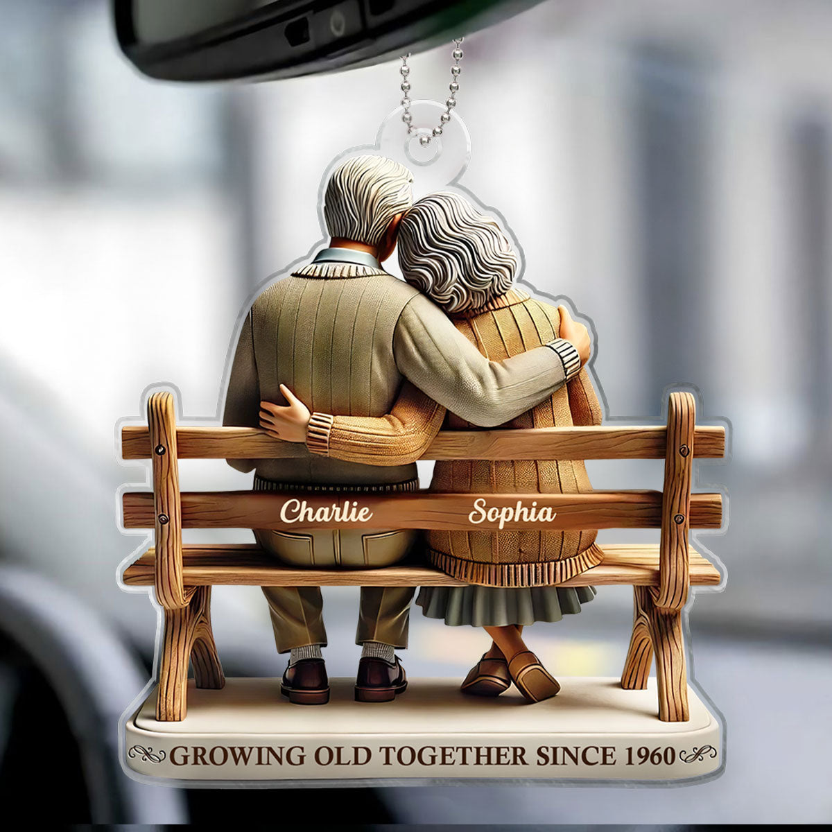 3D Effect Old Couple Sitting On Bench Growing Old Together Since Personalized Car Hanger Ornament, Heartfelt Gift For Couple, For Him, For Her, Husband, Wife