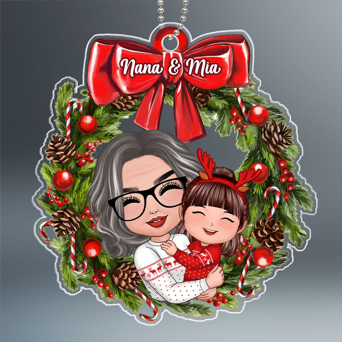 Doll Grandma Hugging Kid In Wreath Christmas Gift For Granddaughter Grandson Personalized Acrylic Ornament