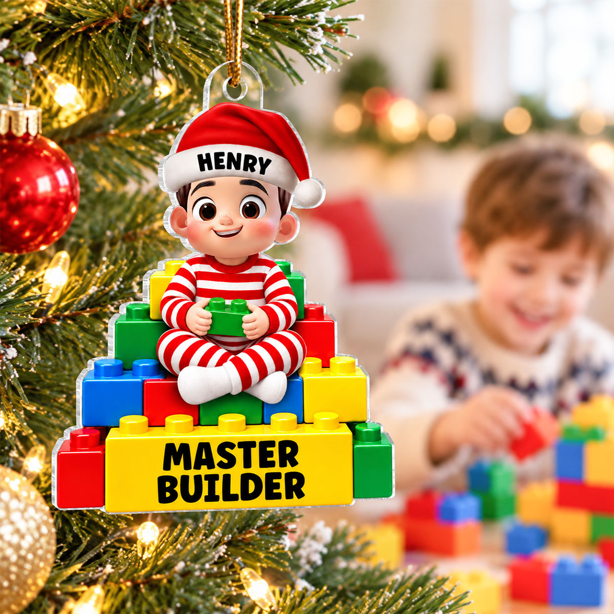 Little Cute Kid Master Builder - Personalized Acrylic Ornament - Christmas Gift For Kids, Son, Grandson, Daughter, Granddaughter