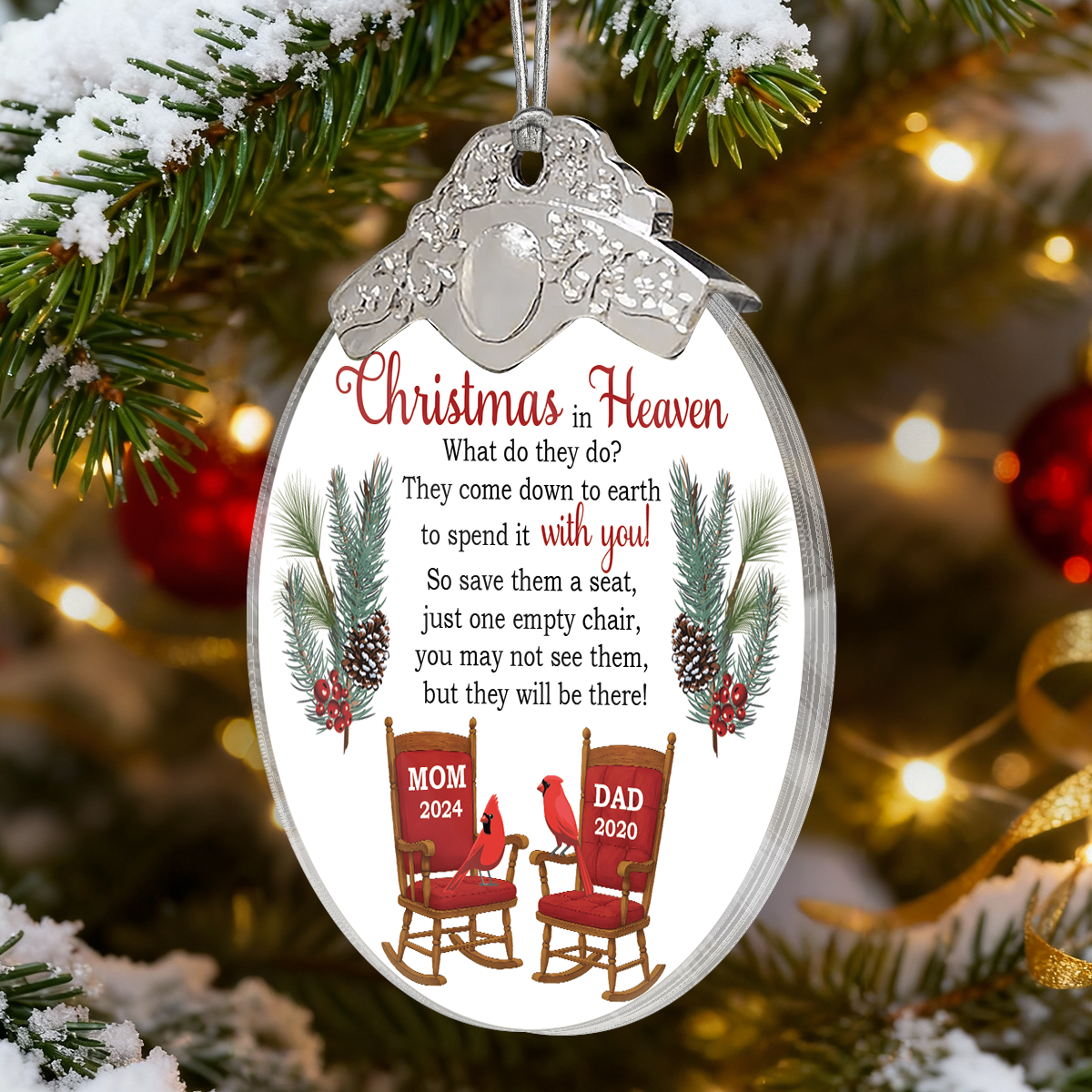 Christmas In Heaven Save A Seat - Personalized Glass Ornament With Silver Cap - Christmas Memorial Keepsake For Family