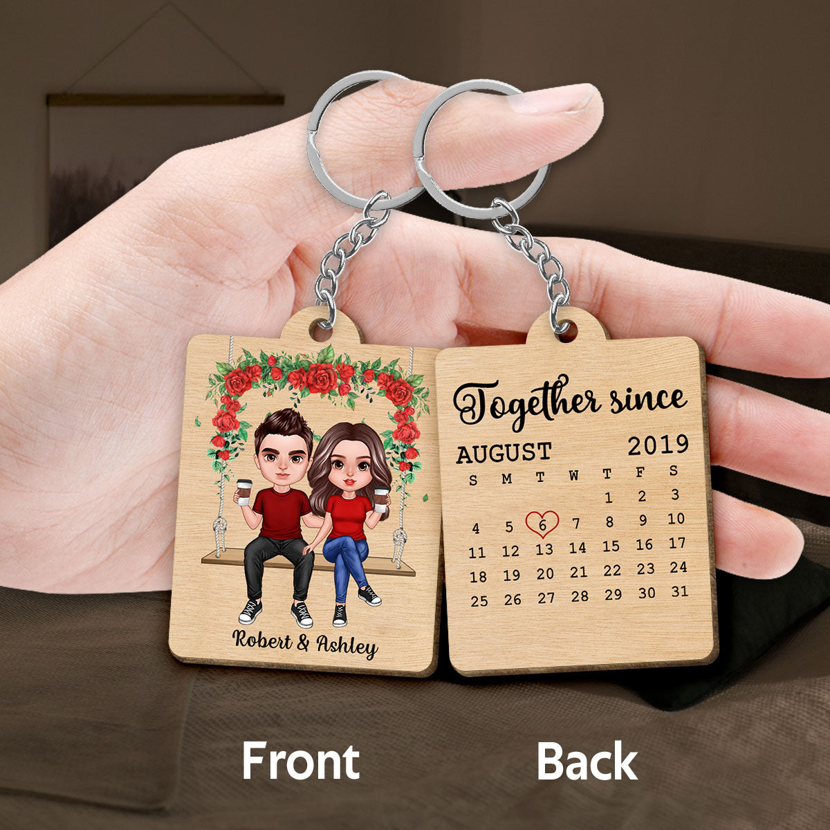 Doll Couple Sitting On Swing Calendar Personalized Wooden Keychain