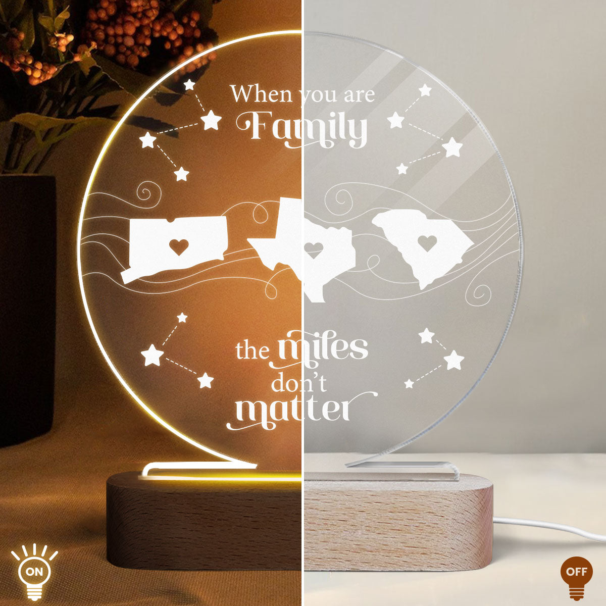 Long Distance Family Friends Siblings Sisters Besties Personalized Circle LED Night Light, Togetherness Christmas Gift
