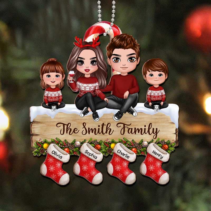 Doll Family Sitting On Palette Stocking Personalized Wooden Ornament