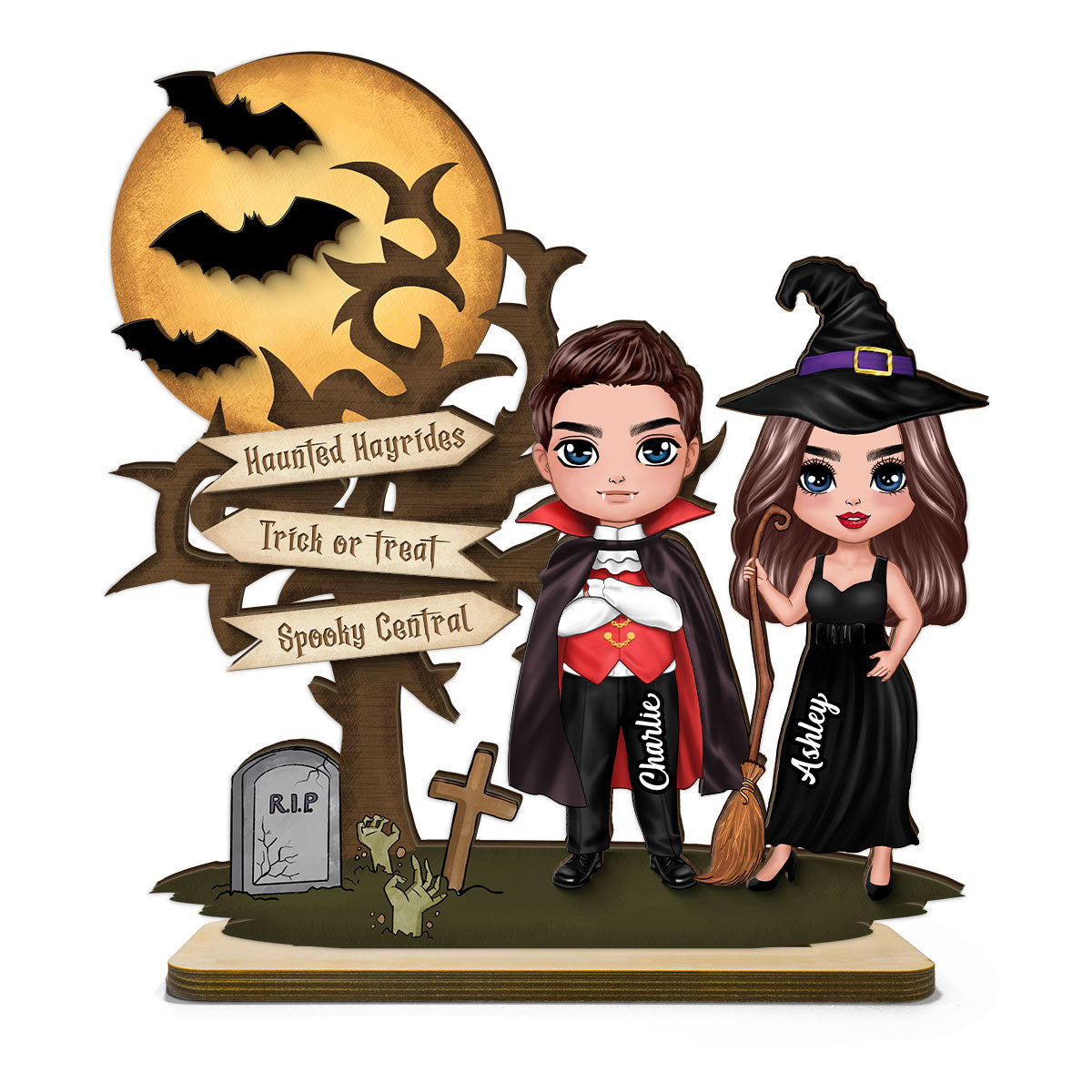 Couple With Moon Bat Tree Halloween Tabletop Tiered Tray Decor Personalized 2-Layer Standing Wooden Plaque