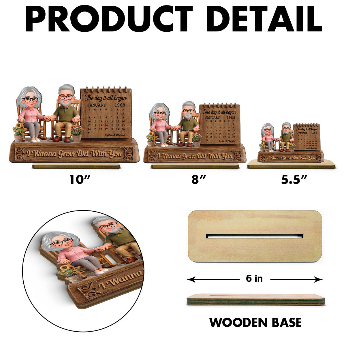 3D Effect Old Couple Sitting On Rocking Chair Anniversary Date Calendar - Personalized 2-Layered Wooden Plaque
