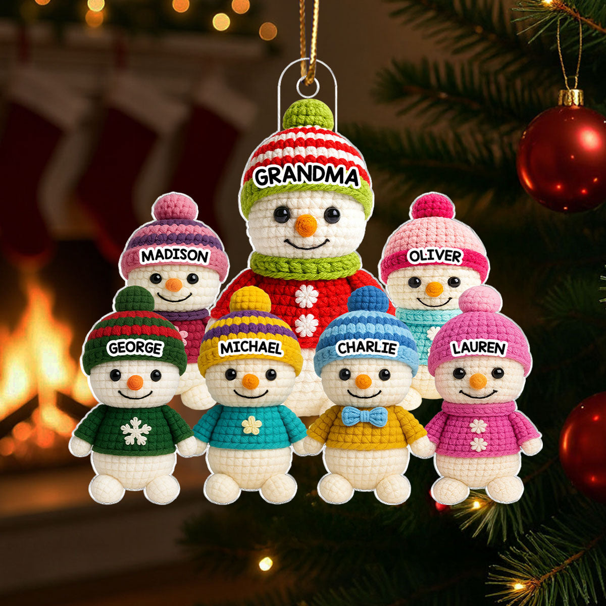 Heartwarming Grandma Grandkids Snowman 3D Crochet Effect - Personalized Acrylic Ornament - Christmas Gift for Grandmas