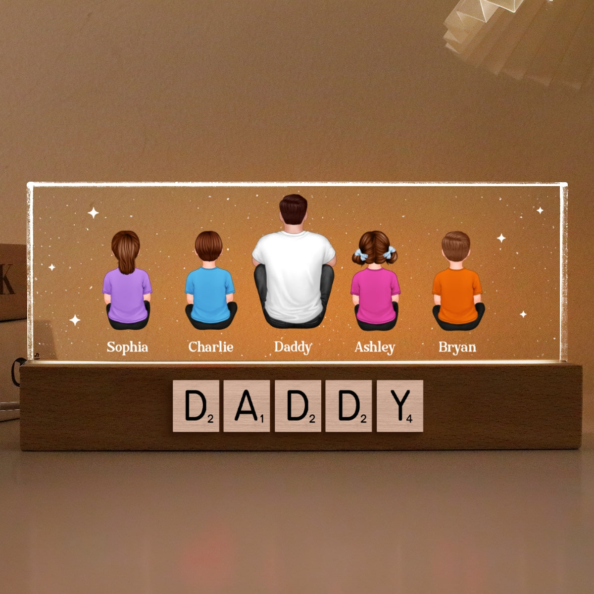 Daddy Grandpa Letters Wood Texture Sitting Back View Personalized Acrylic LED Night Light