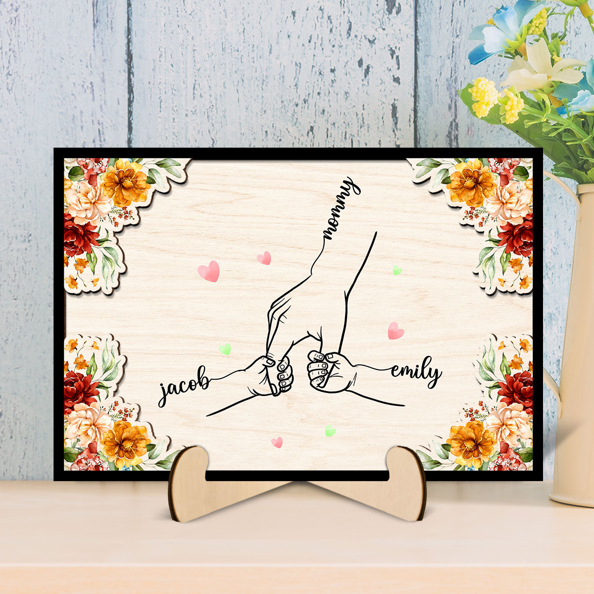 Mom Holding Children Hands Personalized 2-Layer Wooden Plaque