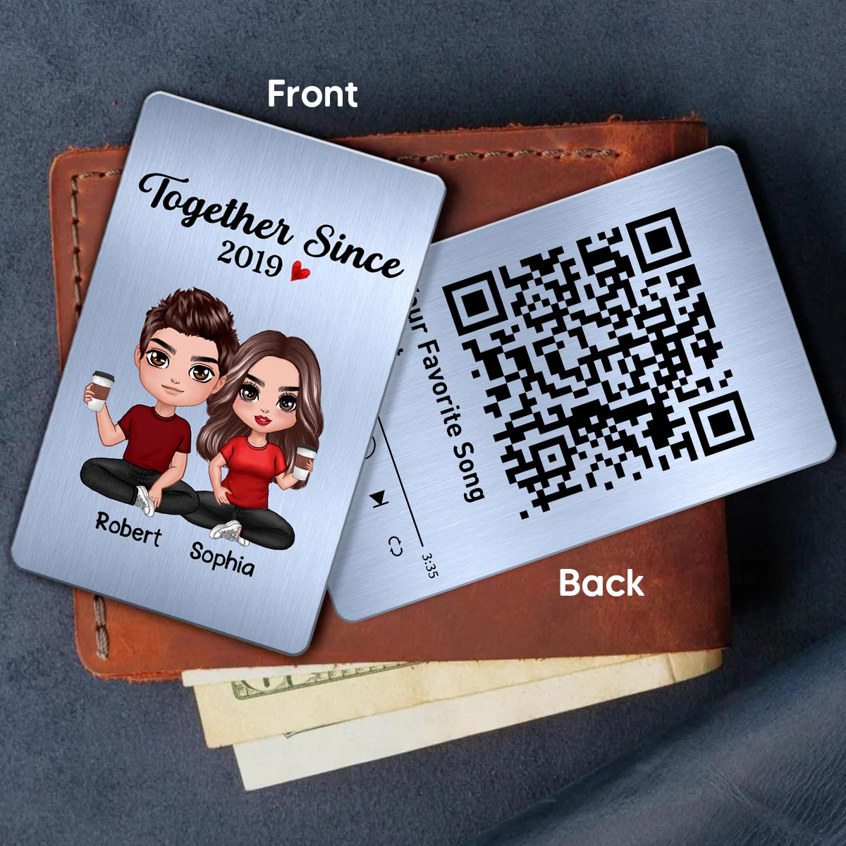 Doll Couple Sitting Together Since Favorite Song Scannable QR Code Wallet Keepsake Personalized Metal Wallet Card