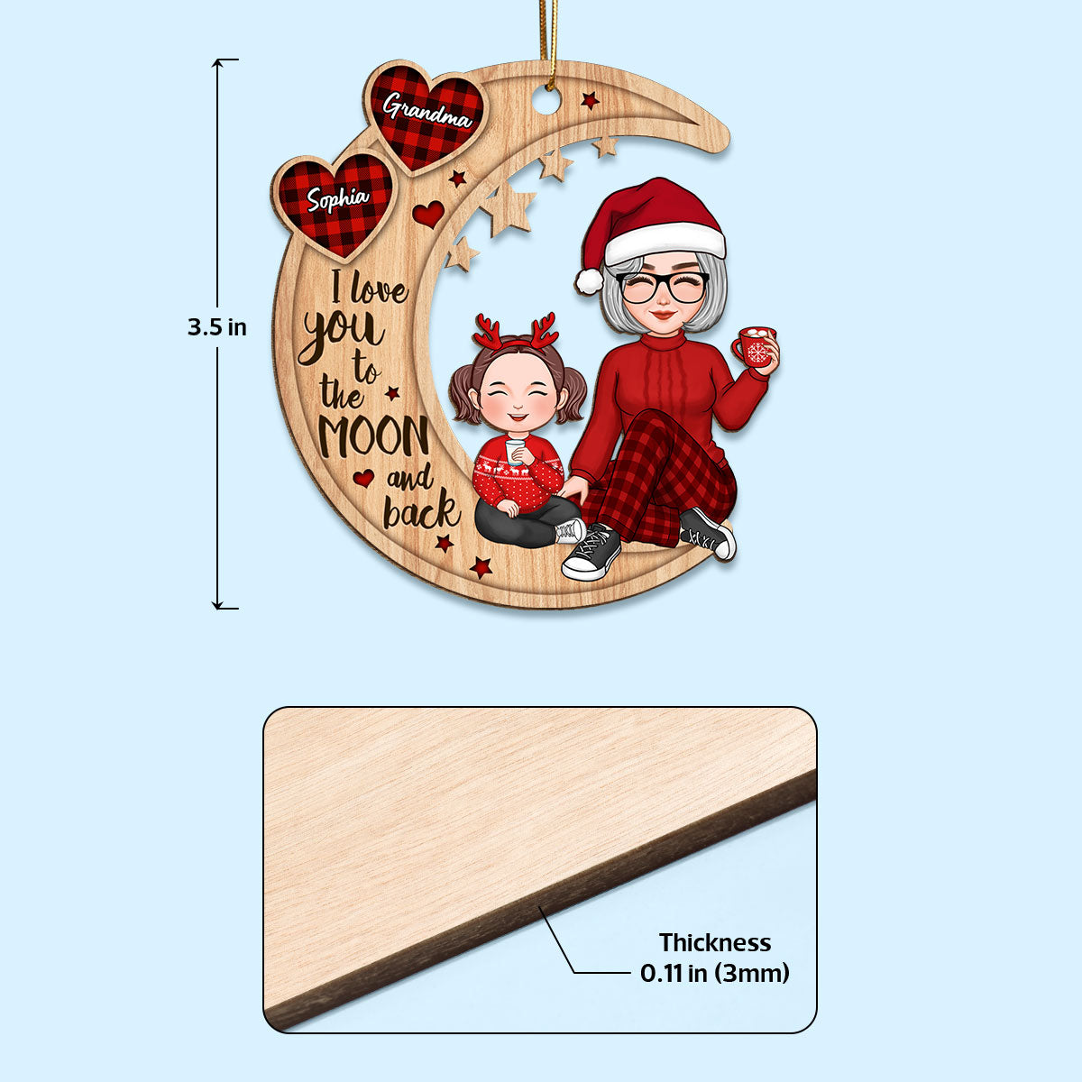 Checkered Pattern Heart Cute Grandma & Grandkid Sitting On Moon Personalized Wooden Ornament