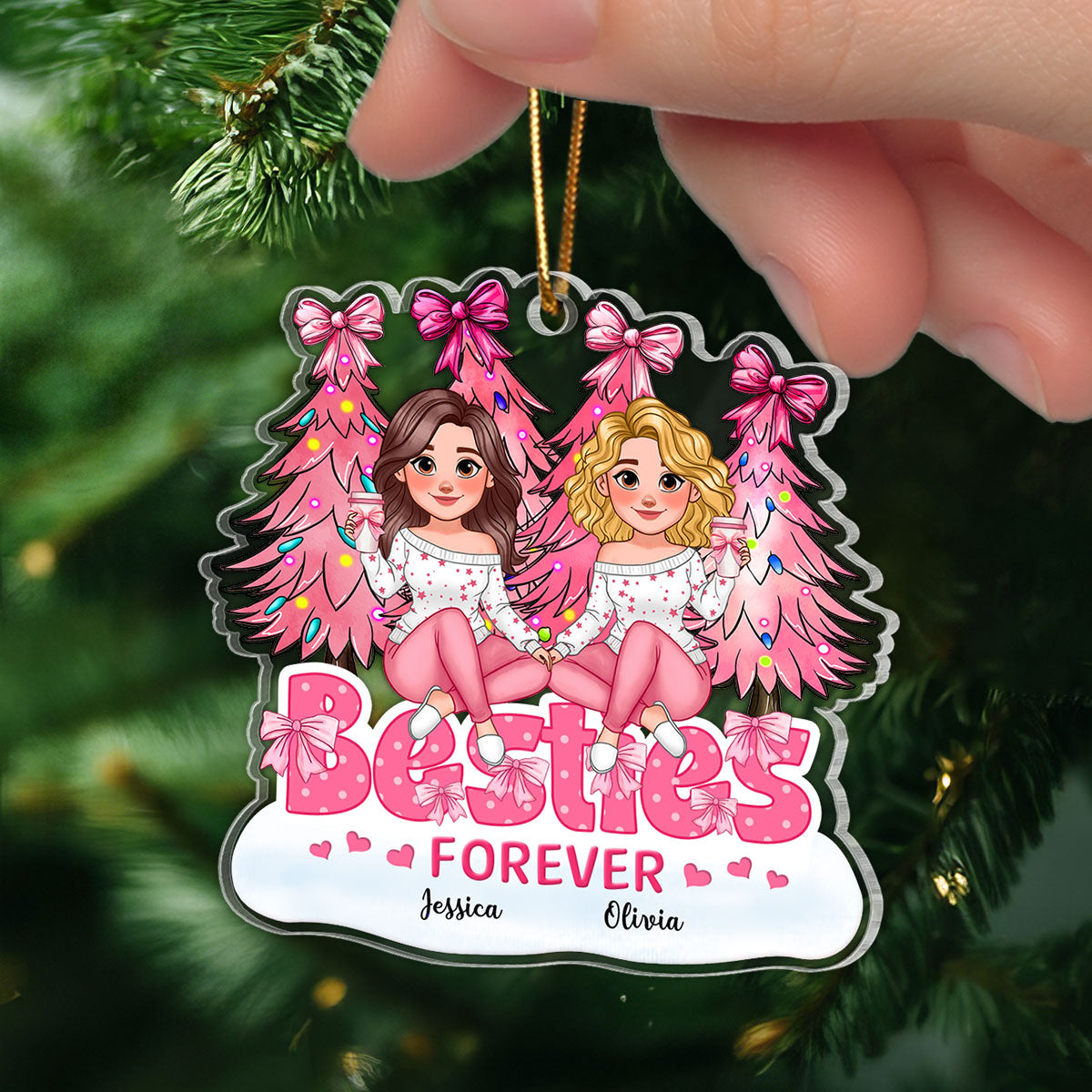 Animated Besties Forever Pink Christmas Tree Personalized Acrylic Ornament