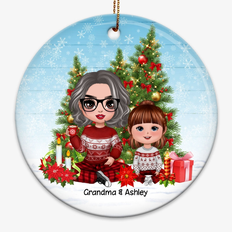 Grandma Sitting With Grandkids Christmas Tree Personalized Circle Ornament