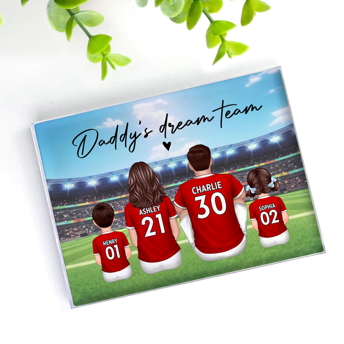 Daddy's Team Soccer Family Sitting Back View Personalized Acrylic Block, Father's Day Gift