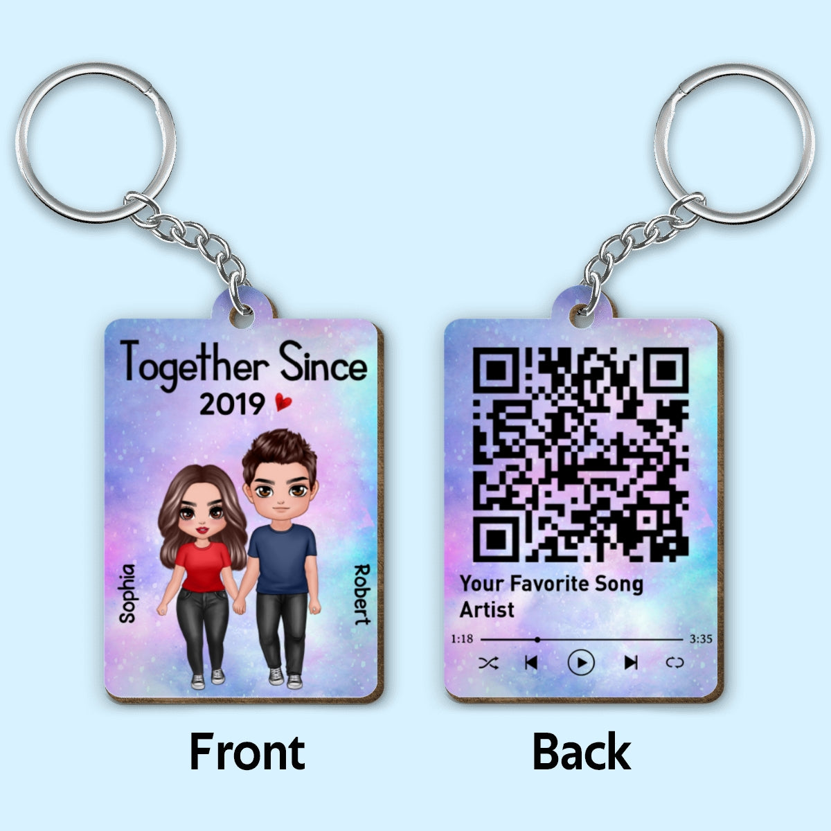 Standing Doll Couple Together Since Favorite Song Scannable QR Code Personalized Wooden Keychain