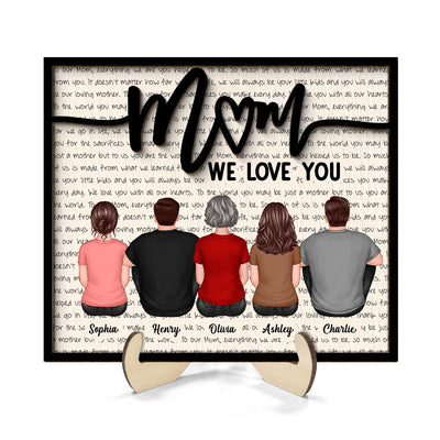 Back View Mom And Daughters Sons Sitting Letters Background Mother‘s Day Gift For Mom Personalized 2-Layer Wooden Plaque
