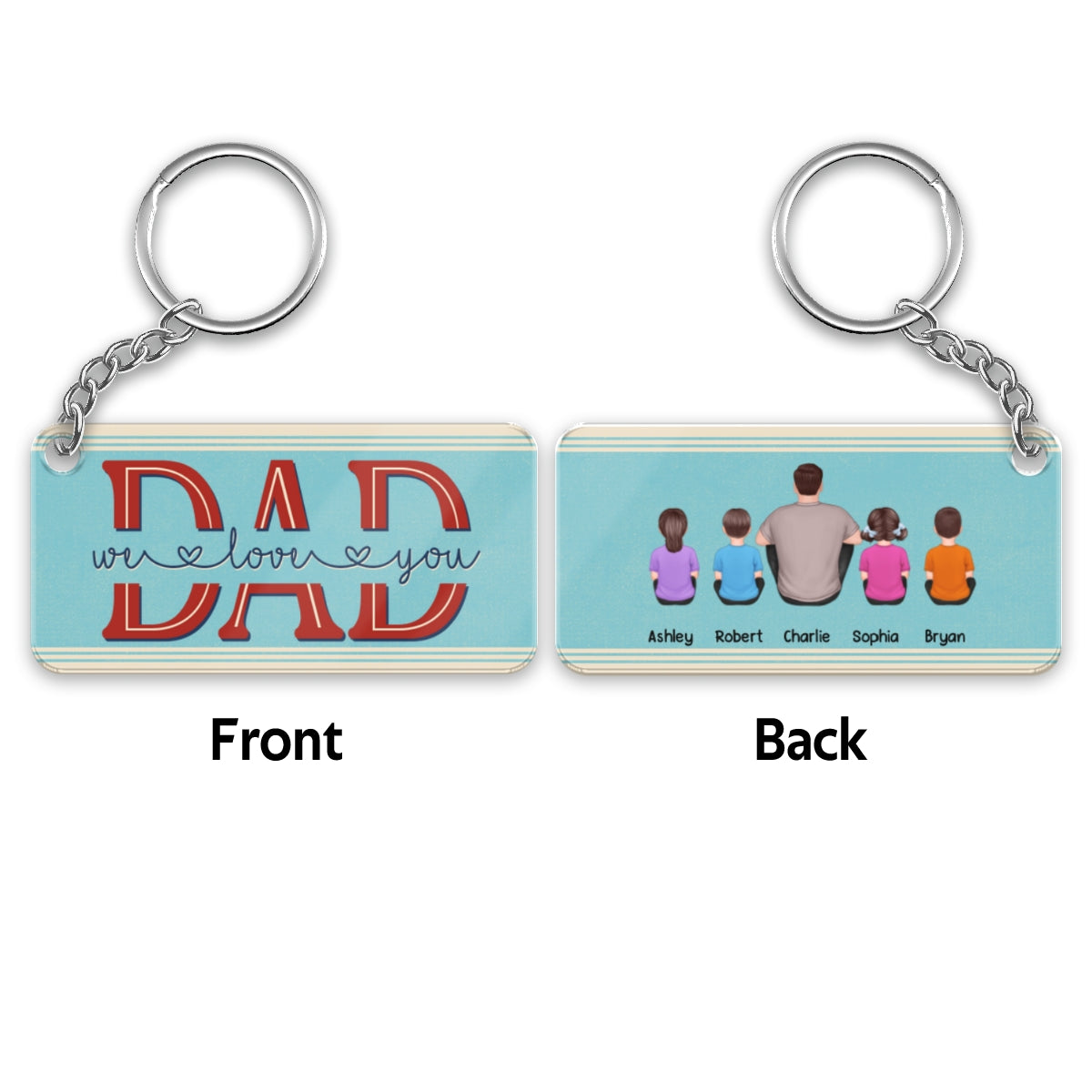 Dad We Love You Blue Stripe Retro Back View Man Sitting With Kids Dog Cat Personalized Acrylic Keychain