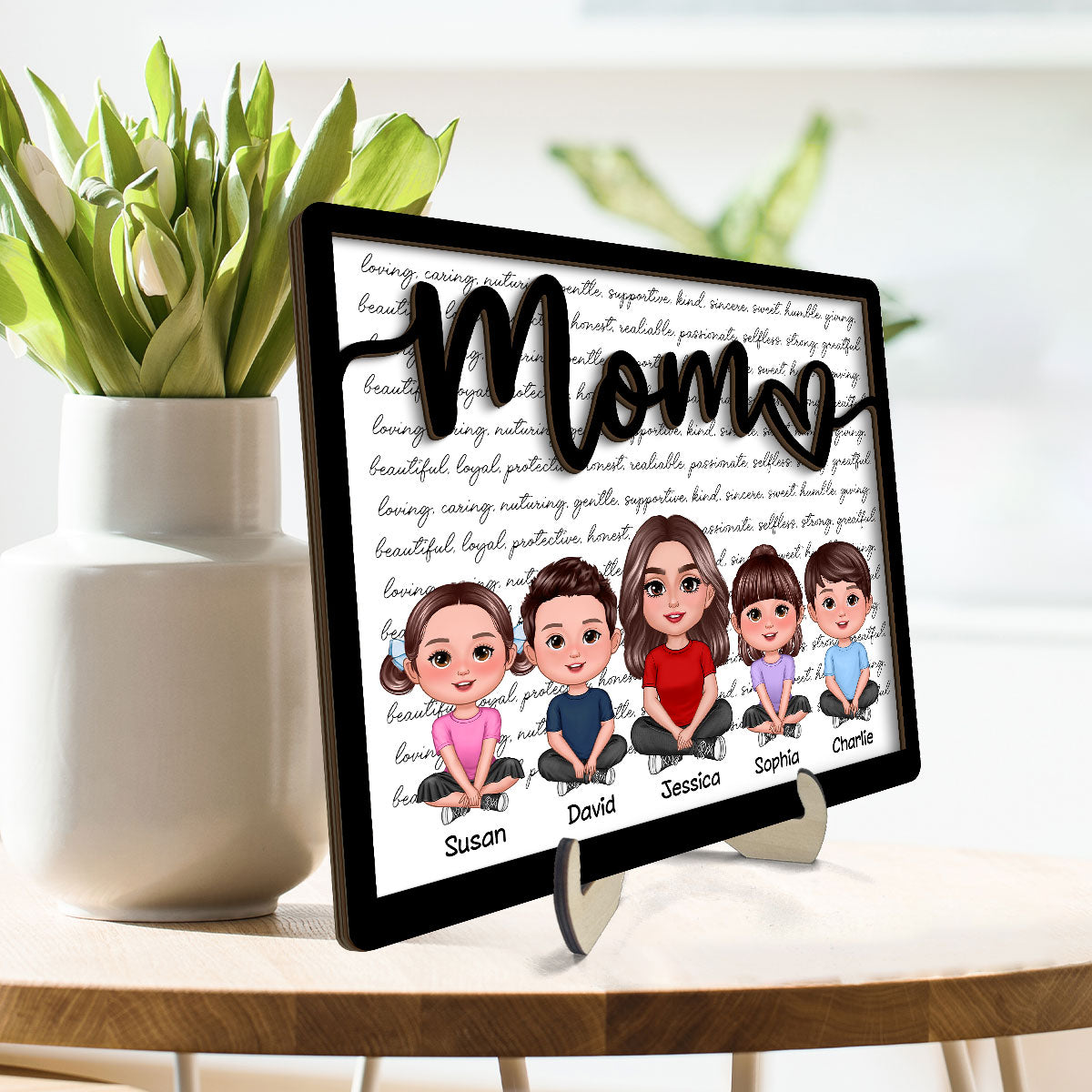 Grandma Mom Kids Crossed Legs Characters Personalized 2-layer Wooden Plaque, Gift For Mom, For Grandma