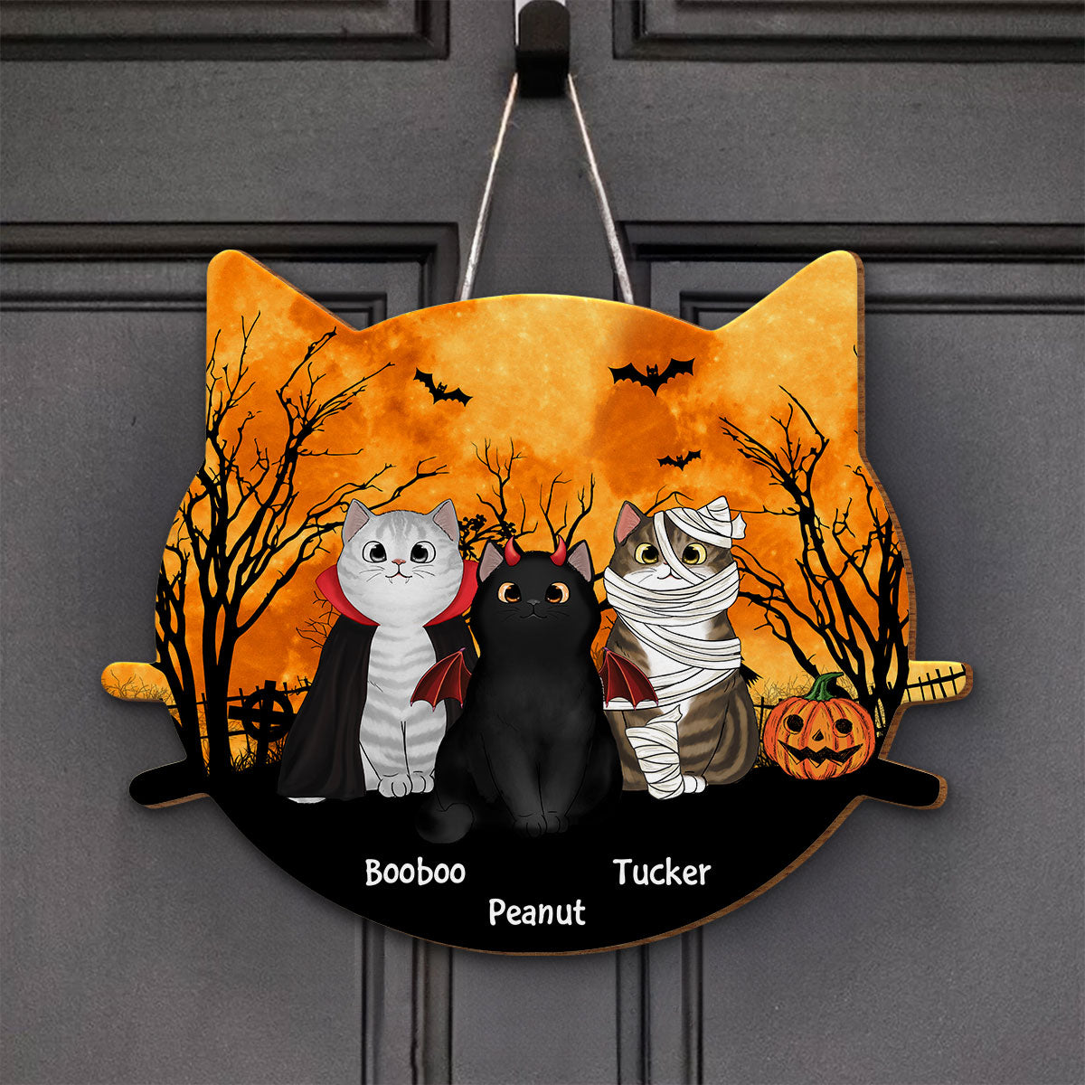 Halloween Cat Face Shaped Personalized Wooden Door Sign, Halloween Decor For Cat Moms