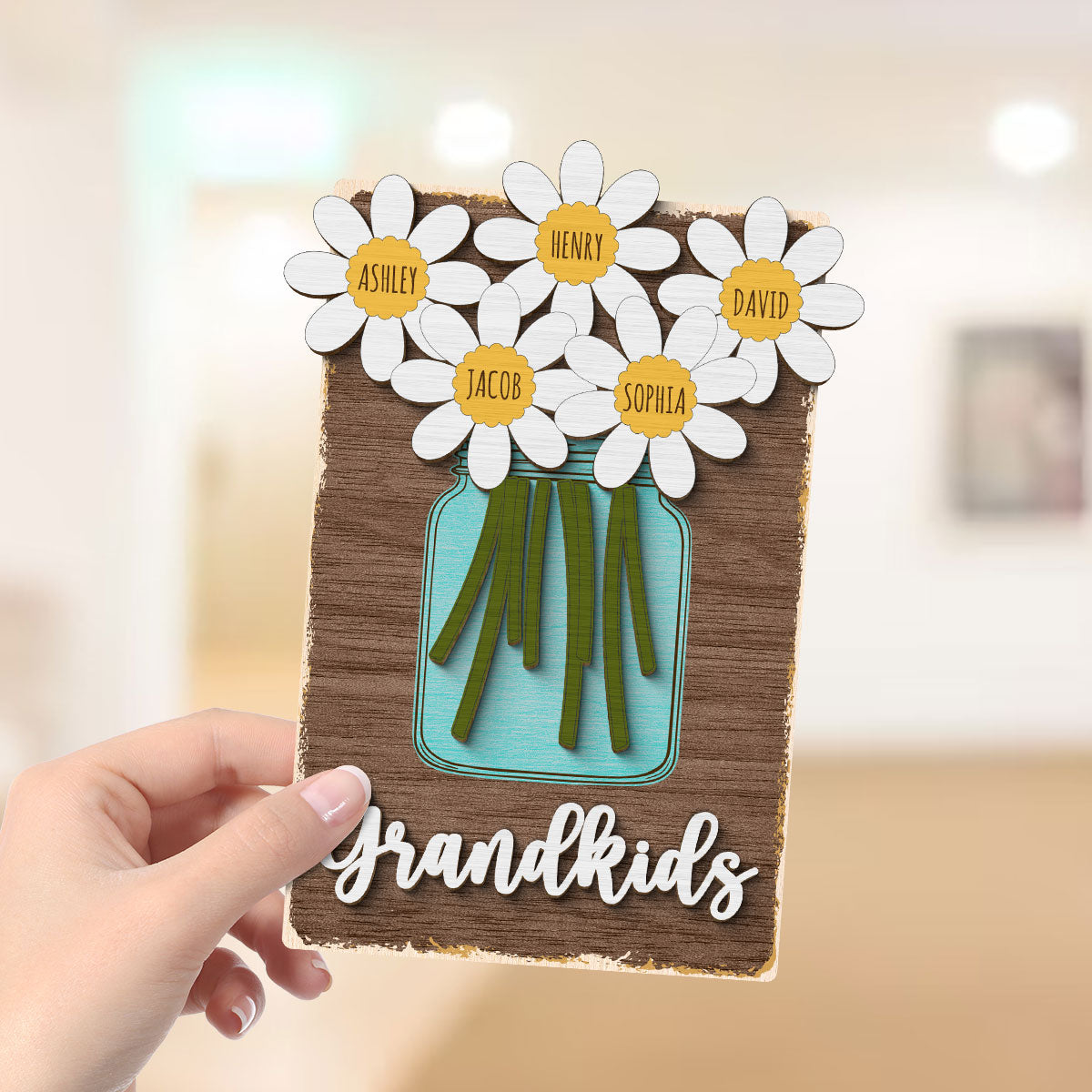 Grandkids Daisy Flowers Names Personalized 2-layer Wooden Plaque