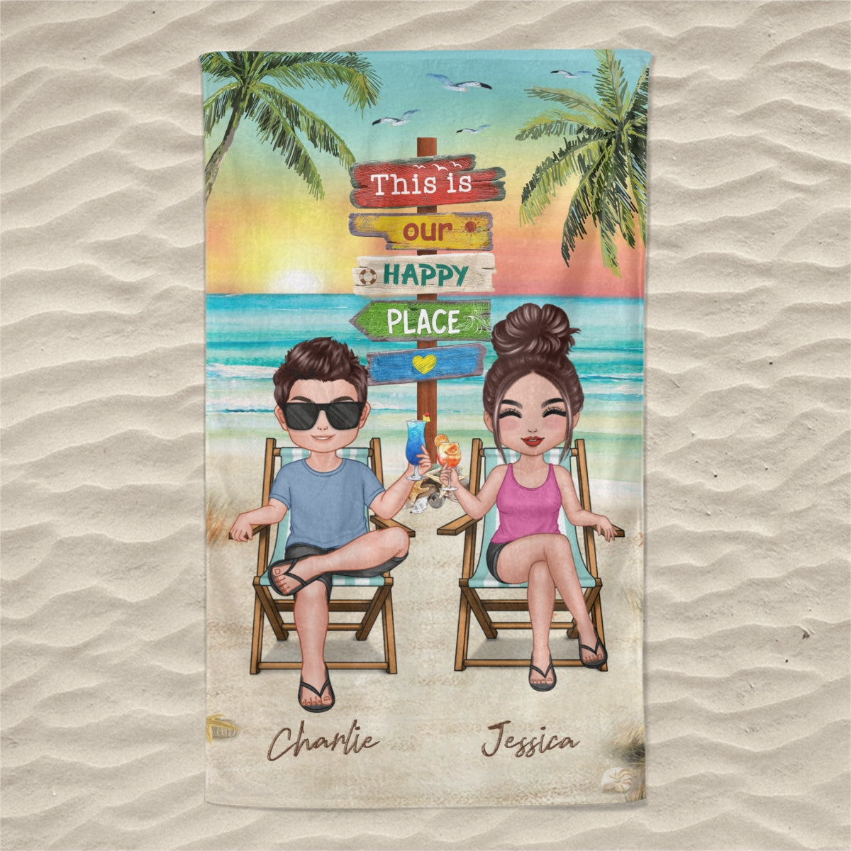 Beach Landscape Summer Doll Couple Sitting Personalized Beach Towel