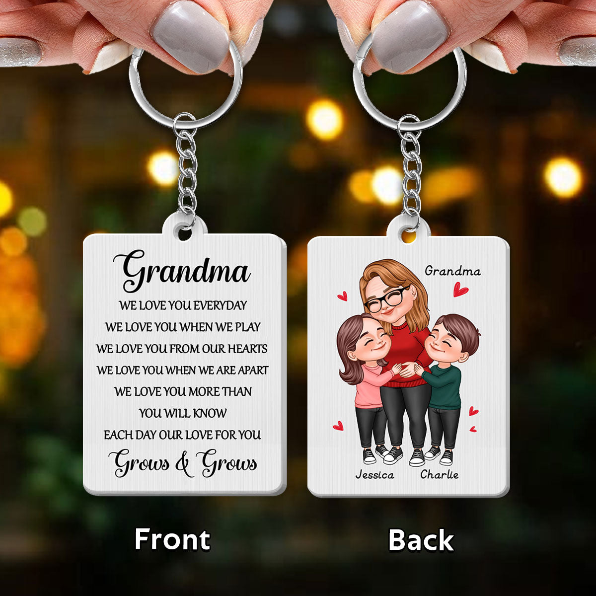 Grandma We Love You Cute Grandma & Grandkids Hugging Personalized Metal Keychain