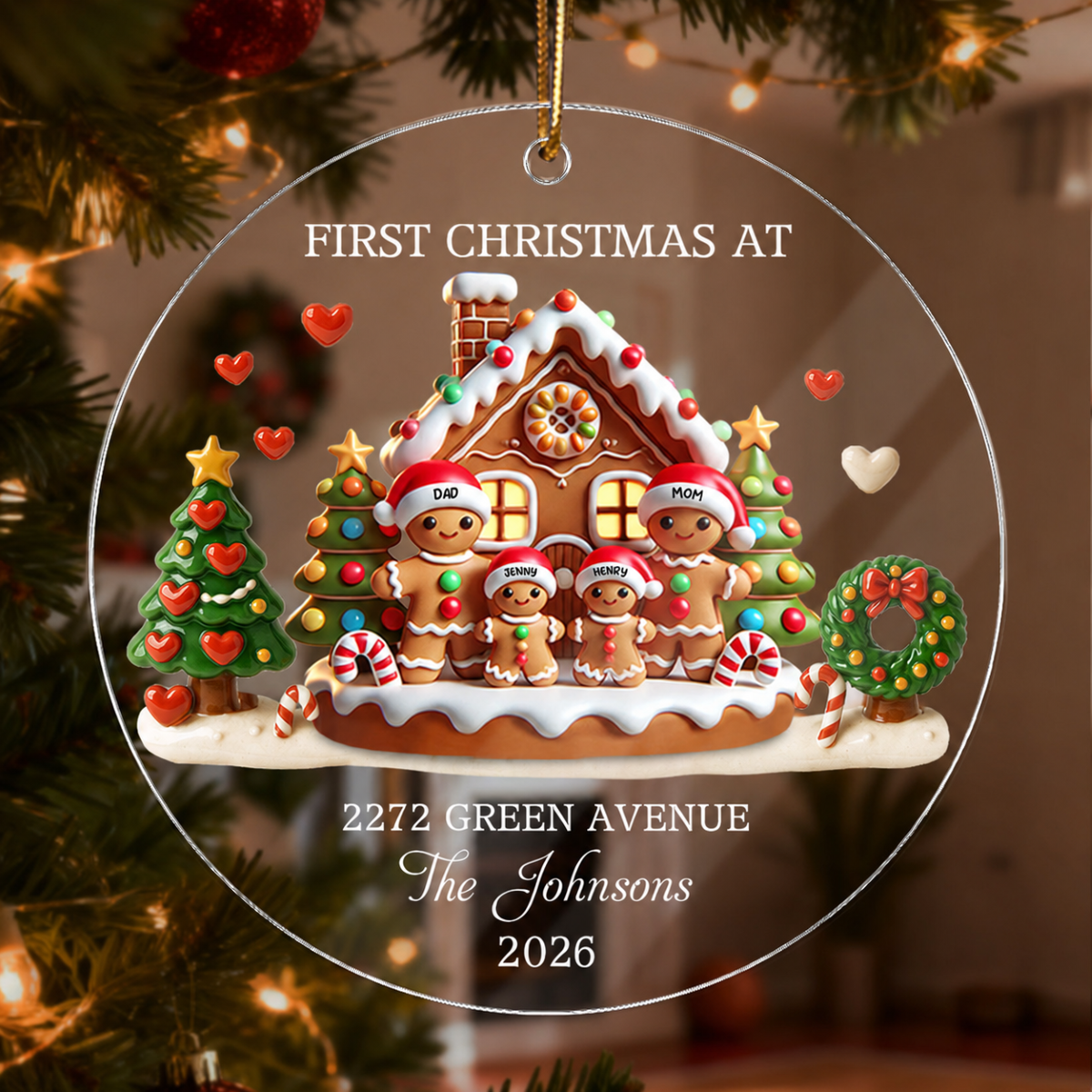 First Christmas New Home 3D Effect Gingerbread Family House - Personalized Acrylic Ornament