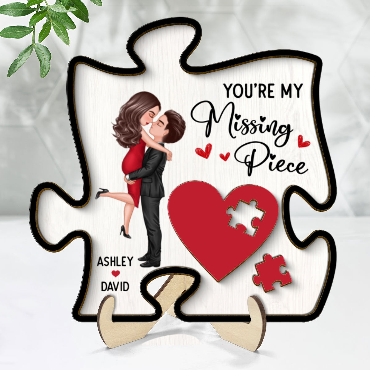 Couple Missing Piece Red Heart In Puzzle Shape Personalized 2-layer Wooden Plaque