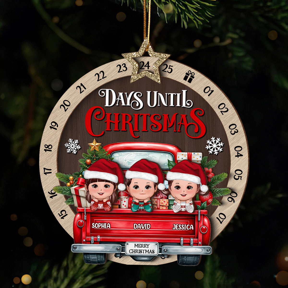 Kids On Christmas Truck Personalized Countdown Ornament