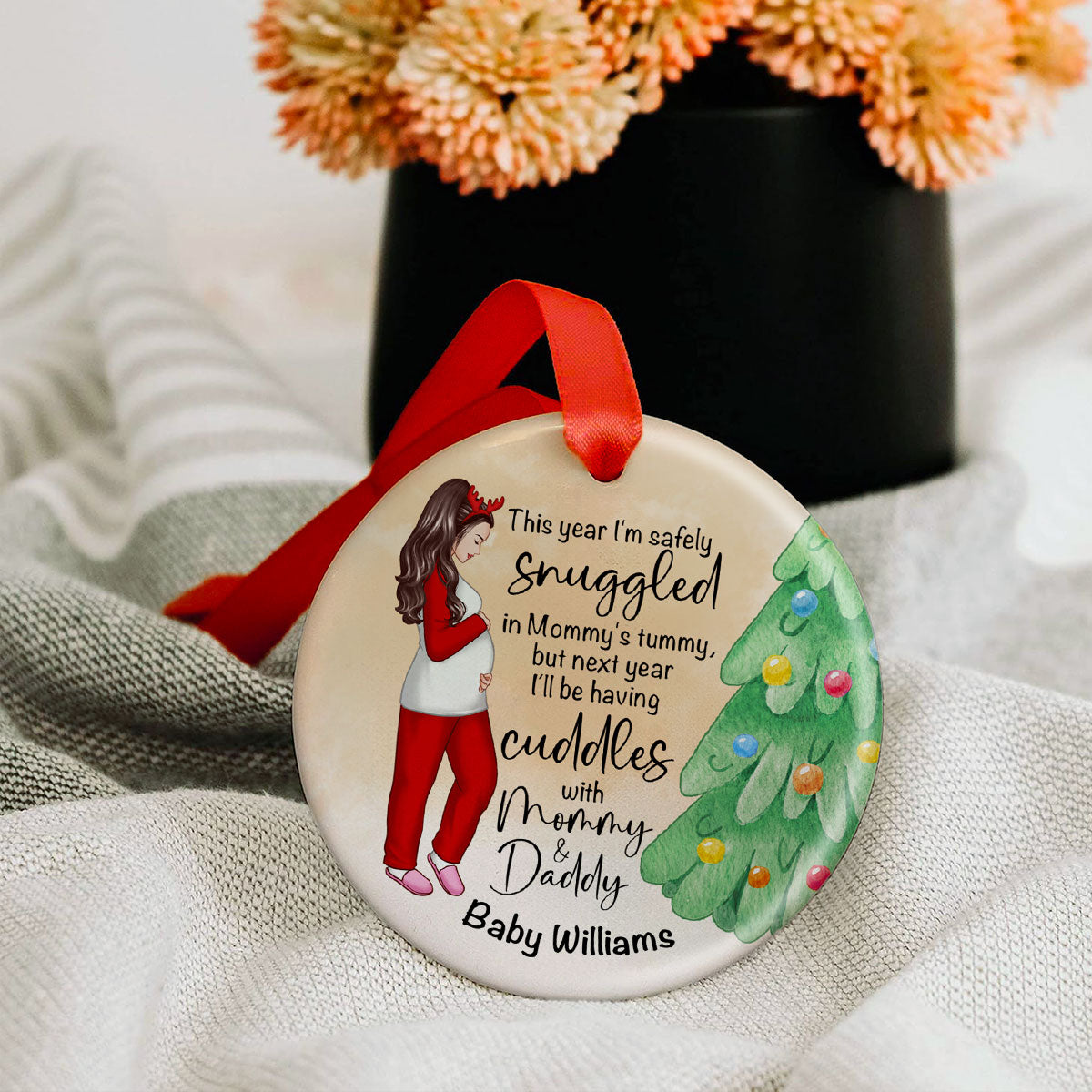 Bump Christmas, Pregnant Ornament, Snuggled in Mommy's Tummy, Personalized Circle Ceramic Ormament