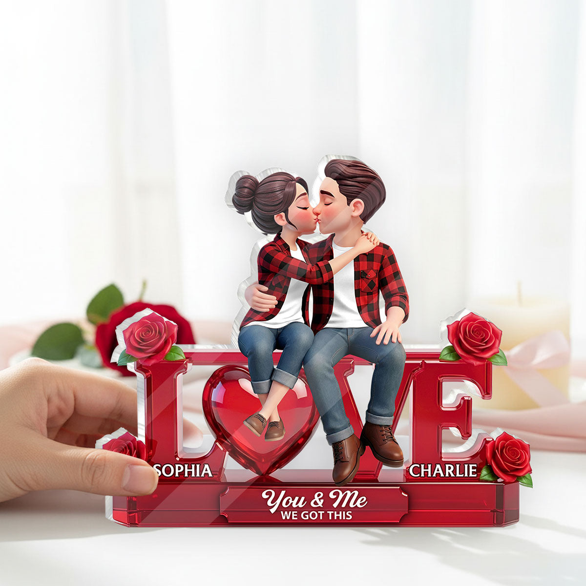 Roses LOVE Couple Sitting Kissing - Personalized Acrylic Block Plaque - Valentine's Day Gift For Couple, For Him, For Her
