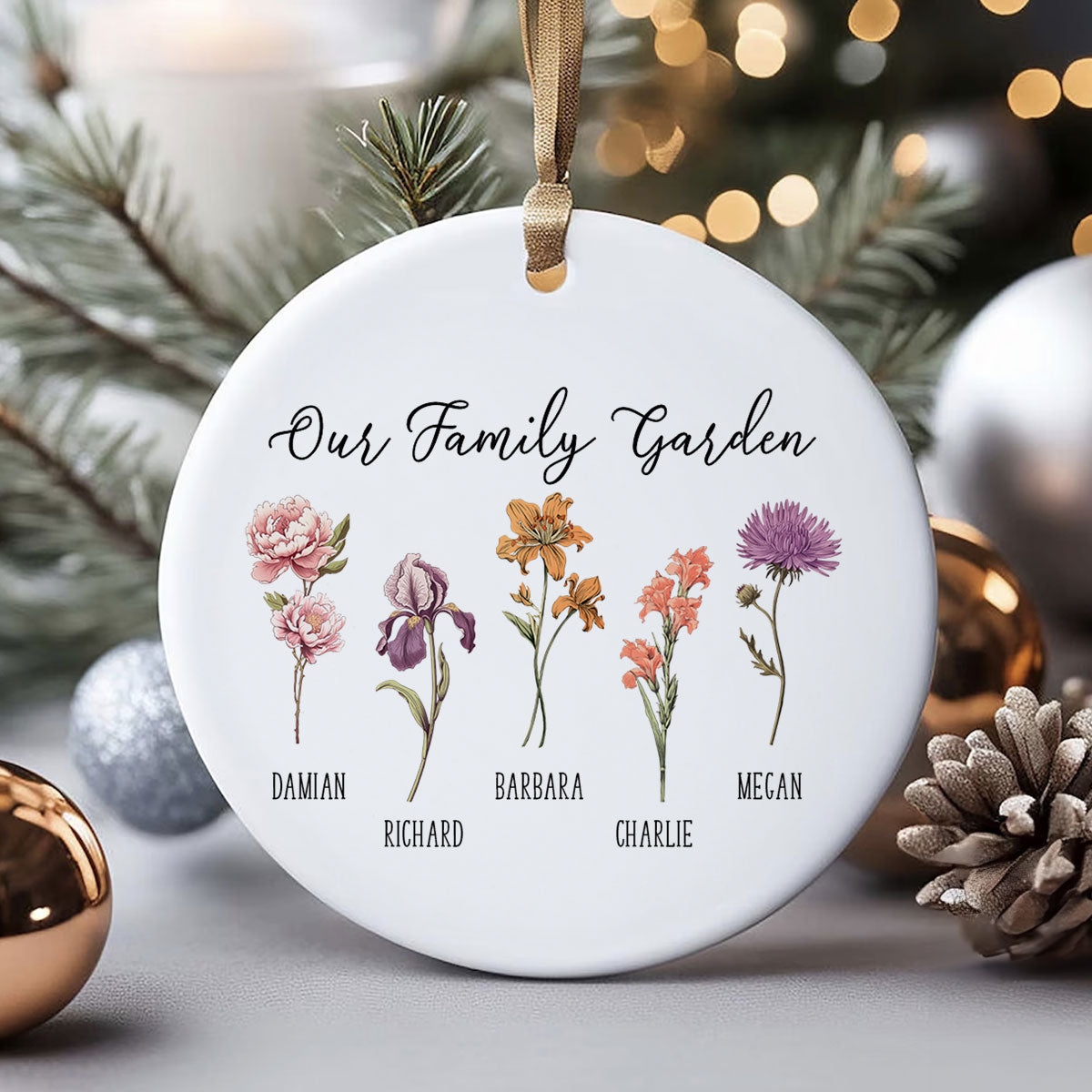 Grandma's Garden Birth Month Flower Family Personalized Ceramic Ornament, Birthday Christmas Gift For Grandma, Mom, Mother-in-law