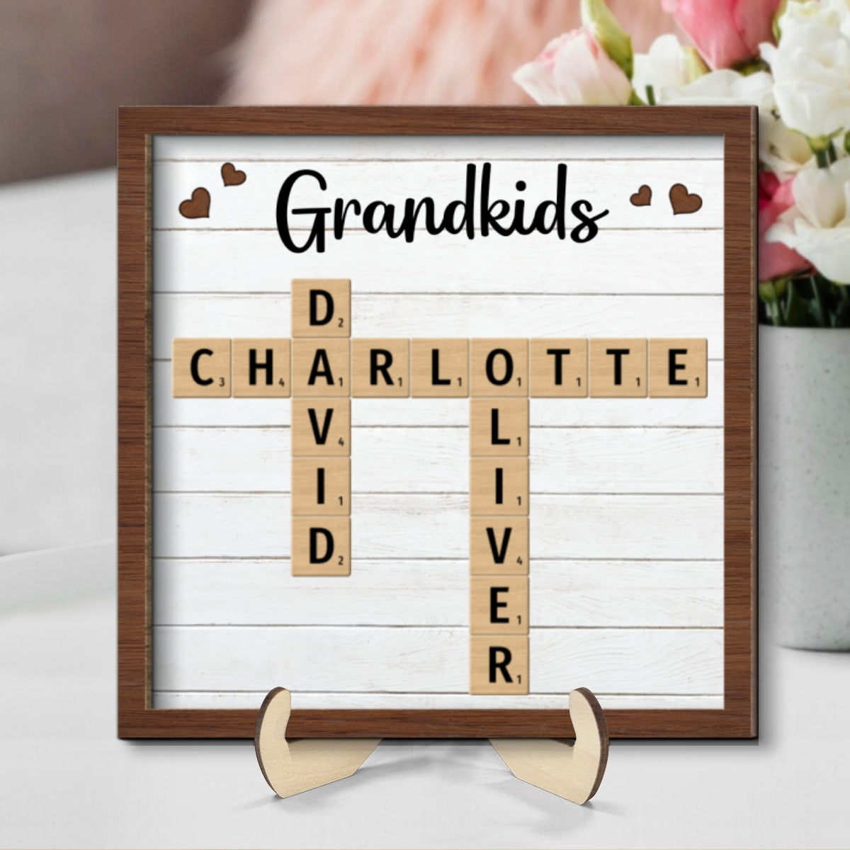 Grandkids Crossword Puzzle Art - Personalized 2-Layered Wooden Plaque - Gift for Mom, Gift for Grandma, Gift for Wife