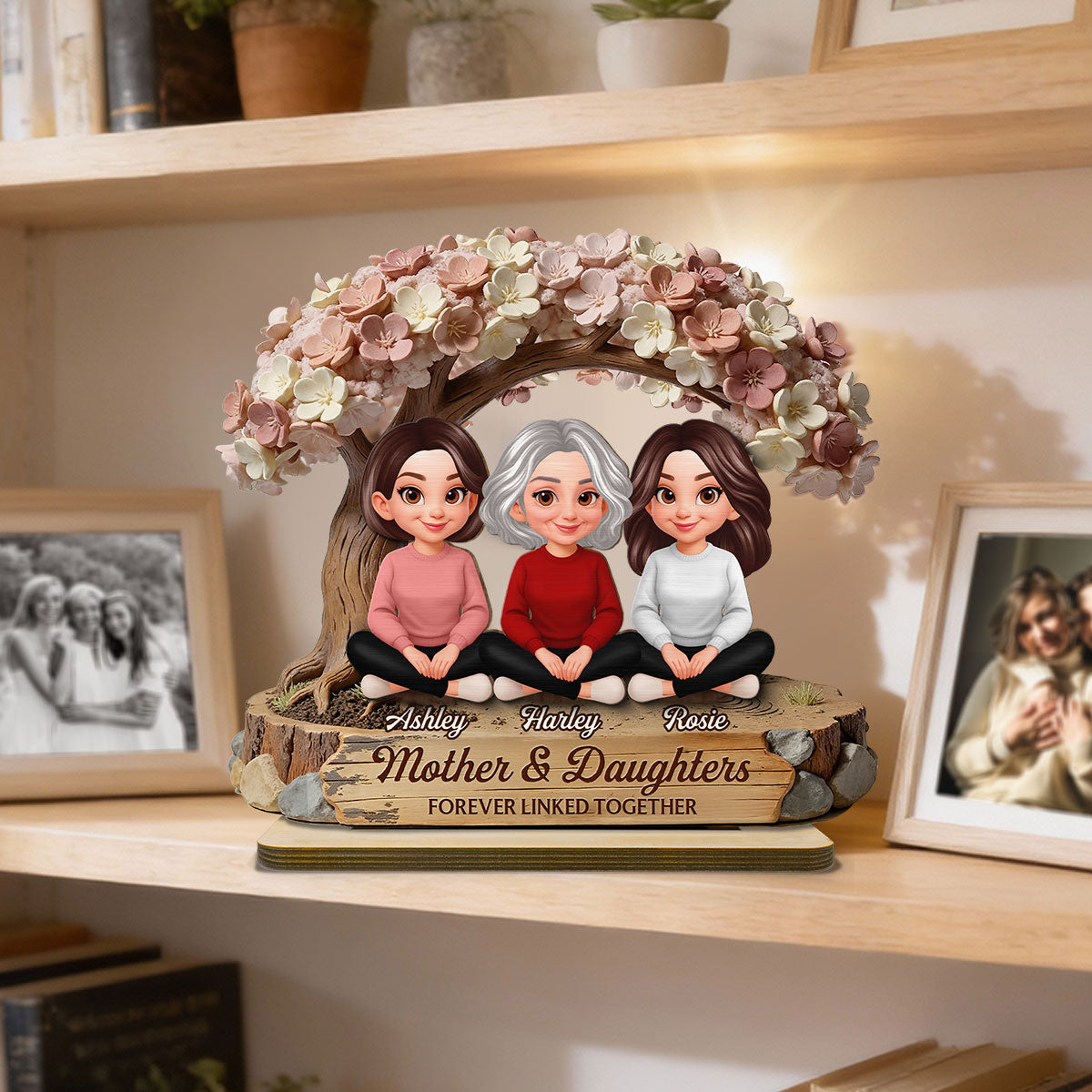 Mom And Daughter Son Under Blossom Tree - Personalized 2-Layered Wooden Plaque - Gift For Mom