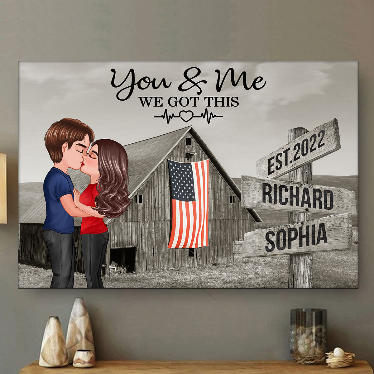 Retro Barn American Flag Thin Blue Line Hero Couple Personalized Poster, Anniversary  Gift For Him, Her, Husband, Wife, Proud Occupation