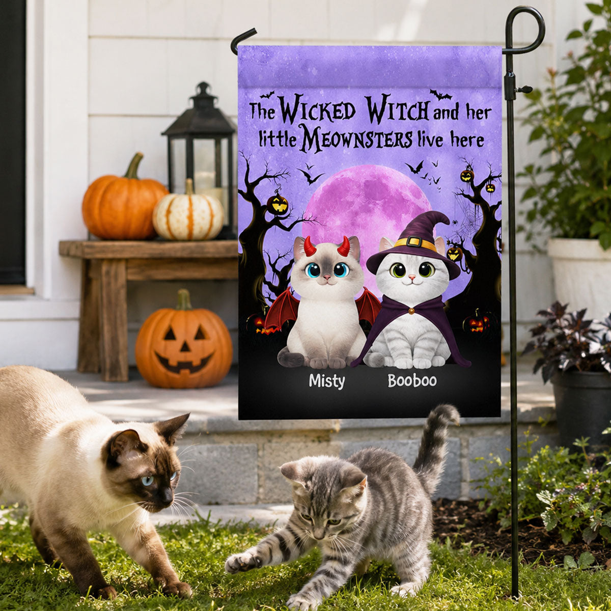 Halloween Theme The Wicked Witch And Her Meownsters Cats Live Here - Personalized Garden Flag - Halloween Decor For Cat Lovers