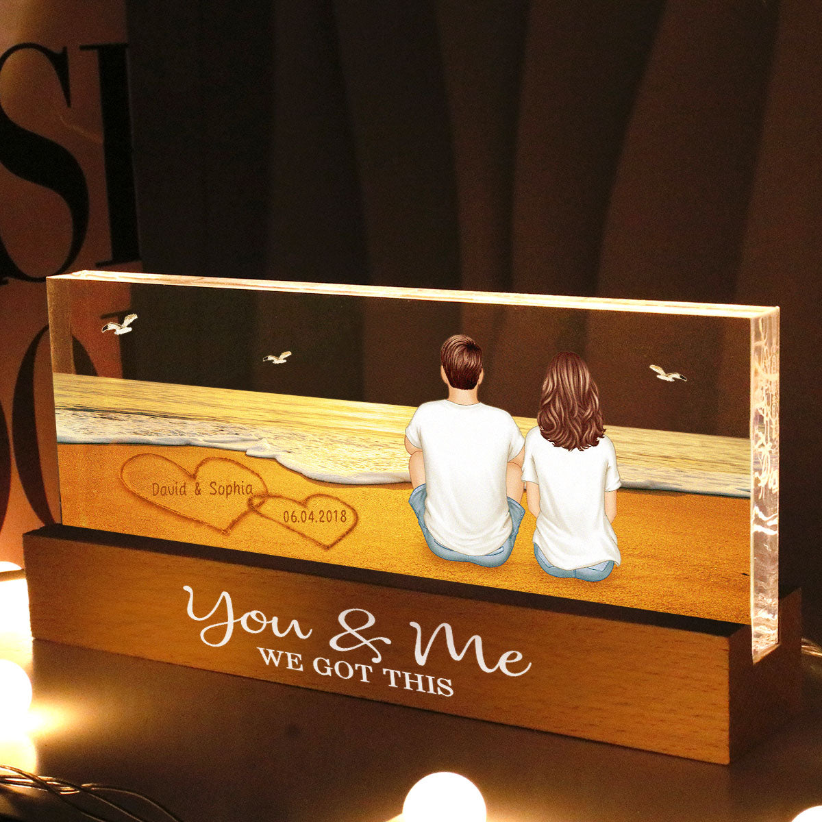 Love on the Beach, Personalized Acrylic Block LED Night Light, Names on Sandy Beach Art with Couple's Names and Date on Perfect Gift for Anniversary