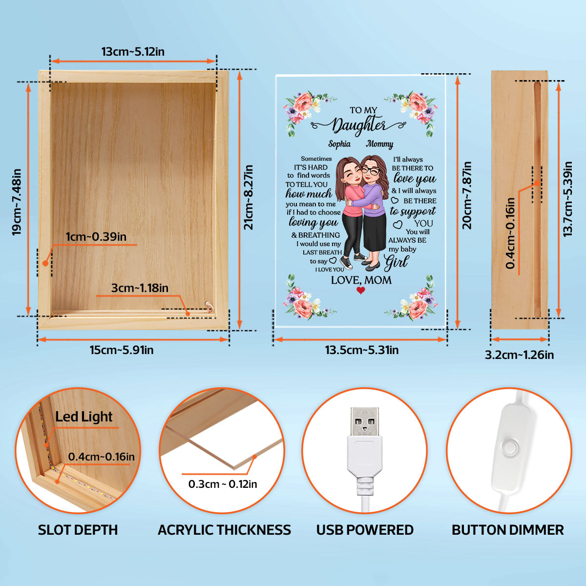 To My Daughter My Mom Hugging Floral Frame Personalized Frame Light Box
